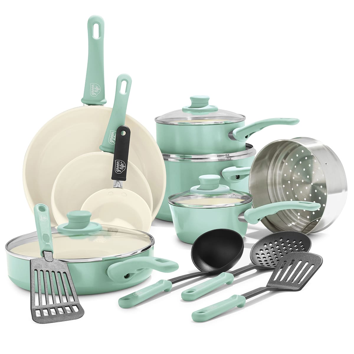 GreenLife Soft Grip<br> SOFT GRIP 16PC COOKWARE SETS, TURQUOISE