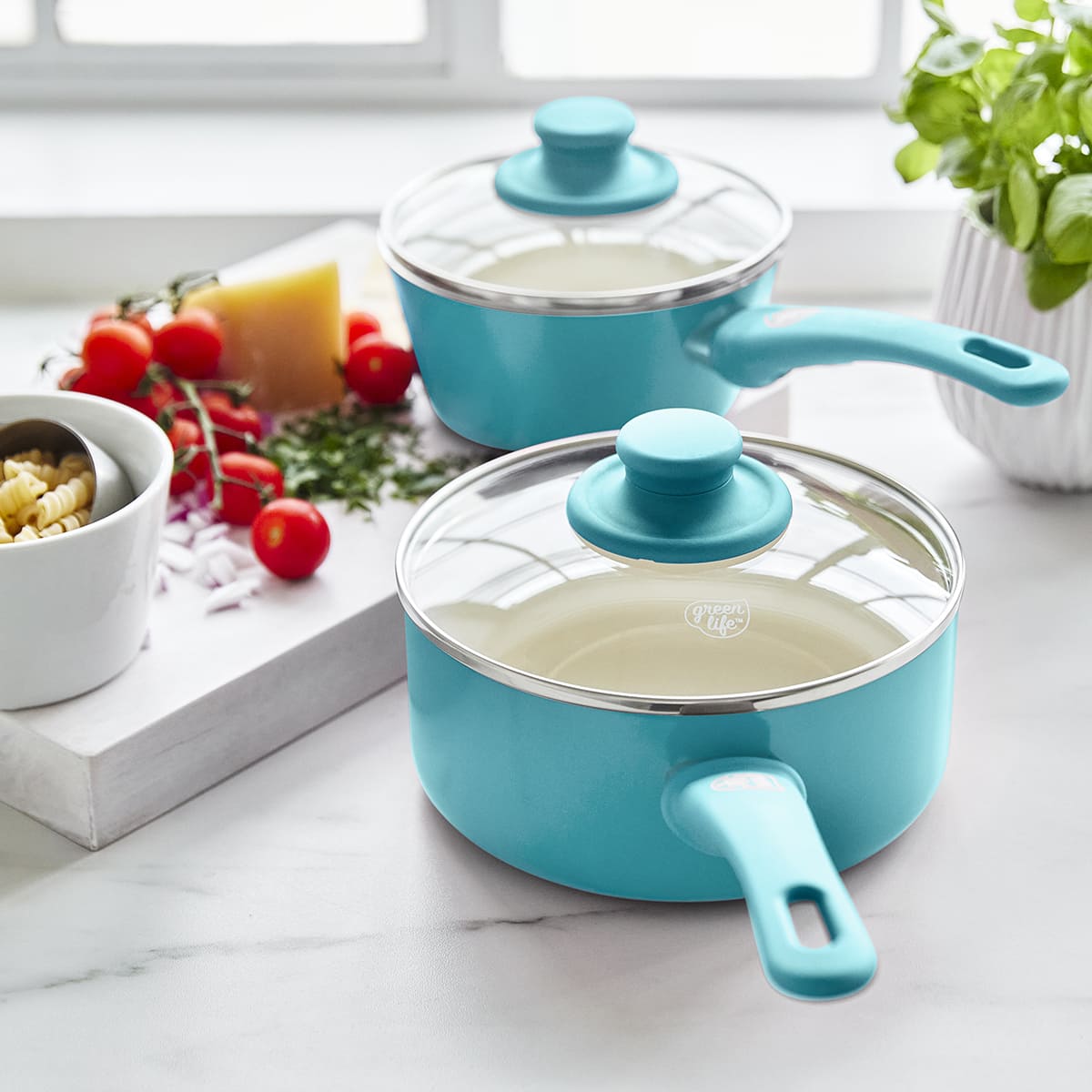 GREENLIFE SOFT GRIP <br> 4PC COOKWARE SETS, CARRIBEAN BLUE